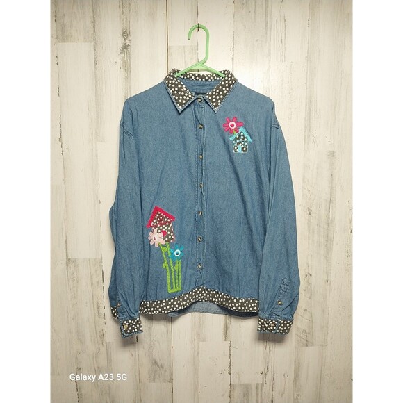 Lighthouse Apparel Denim Shirt Jacket Applique Bird House Floral Polka Dots XL - Picture 1 of 8